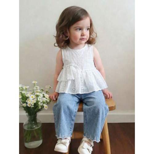 Souflis Souflis Baby Girls Blue And White 2 Pieces Set, Cute Summer Vacation Embroidered Top&Denim Long Pants, Fashion Asymmetric Hem Casual School Outdoor Outfit | SHEIN USA