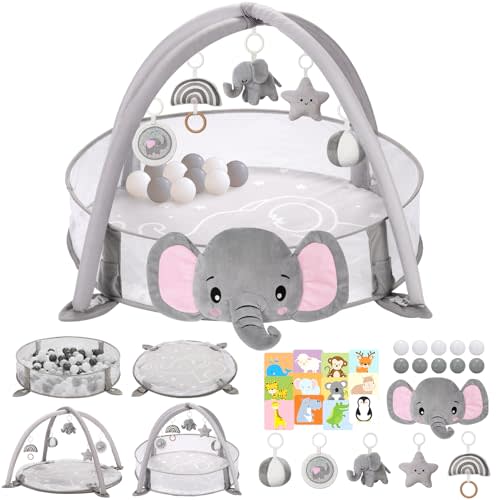 7-in-1 XL Large Baby Play Gym Mat, Tummy Time Mat, Baby Gym & Ball Pit, Baby Activity Mat with Milestone Cards & 6 Detachable Toys for Sensory Motor Skill, Elephant