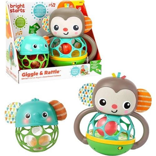Bright Starts Giggle & Rattle Gift Set - Musical & Sensory Baby Toys 2-Pack, Elephant & Monkey, Unisex, Newborn+