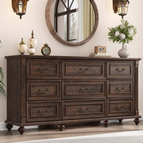Blotout 9 Drawer Dressers for Bedroom, Farmhouse Dresser with 6 Solid Wood feet, 63" Wide Brown Dresser Wooden Dresser Rustic Chest of Drawers Long Dresser