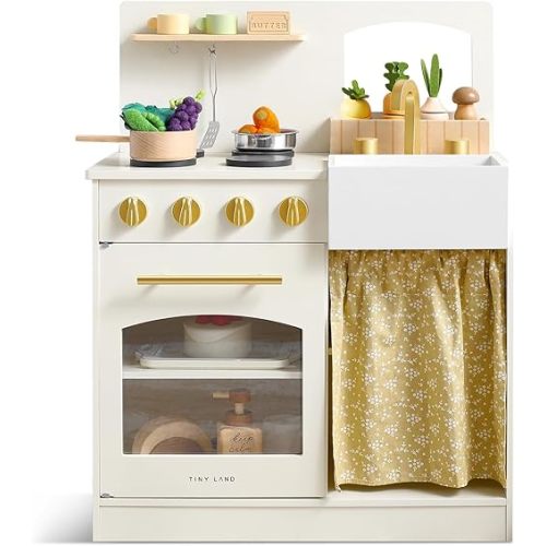 Tiny Land Play Kitchen, Kids Kitchen Playset, Toddler Kitchen with Cutting Food Set, Wooden Kitchen Sets for Kids, Best Gift for Girls and Boys