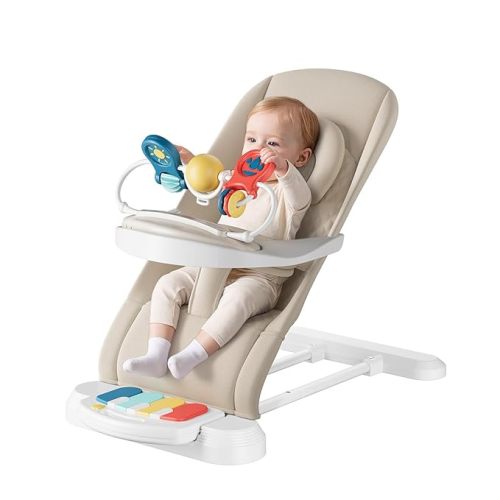 Monamii Baby Bouncer, Baby Bouncer Seat with Detachable Pianos & Feeding Tray, 3-Level Adjustable Positions Bouncing Seat, Infant Bouncer Seat and Toddler Chair (Beige)