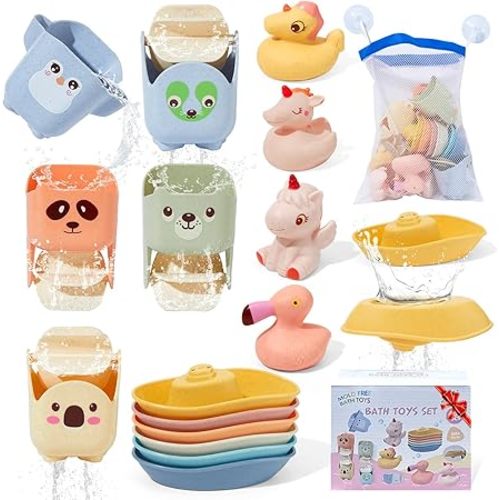 Mold Free Bath Toys, 15PCS | Safe Fun & Easy Clean Floating Boats & Rotating Waterfall Cups & Sealed with No Holes Floating Tub Toy and Mesh Bag for Babies 18+ Months | Bathtub Pool Water Toddler Toys