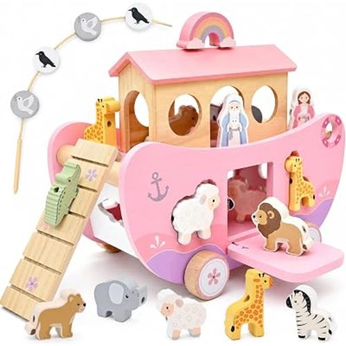 Pink Wooden Noah's Ark Toy for 1 Year Old Baby Girl Baptism Gifts