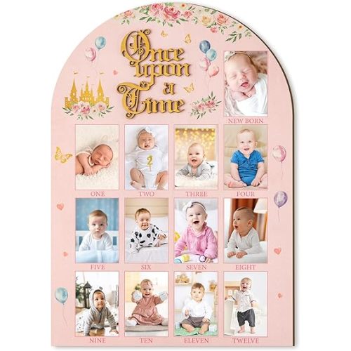 R HORSE My First Year Photo Display Wood Board - 3D Princess Baby's First Year Picture Frame, 12 Months Fairytale Castle Milestone Board Baby Keepsake Gift 1st Birthday Nursery Decor for Girl