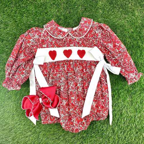 Valentine Floral Smocked Bubble Romper - Long-Sleeve with Red Hearts! Matching sibling, heirloom, vintage, baby girl smock outfit 788 *B