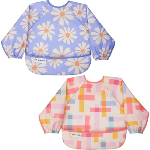 Tiny Twinkle Long Sleeve Bib for Babies&Toddlers|2-Pack Waterproof Smock Bib for Eating|Machine Washable&Mess-Proof Feeding Essentials|Newborn Shower Gift(Daisies,Playful,6-24M)