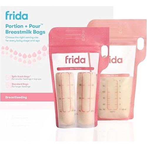 Frida Mom Breastmilk Storage Bags, 100ct Variety Pack, Standard & Splitstash Freeze & Thaw Milk Bags for Breastmilk, Leakproof Seal, Perfect Pour Spout, Precise Portions, No Slip Finger Grip, BPA Free