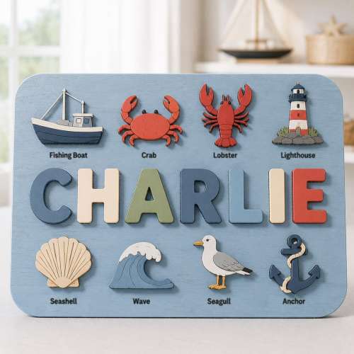 Ocean Fishing Wooden Name Puzzle, Personalized Coastal Theme Toy, Custom Name Board, Sea Life Montessori Gift, Beach Nursery Decor