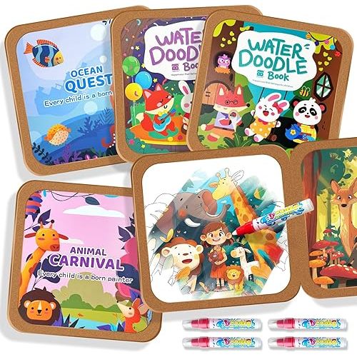 EFCRBS Reusable Water Painting Book for Kids, 4 Pack Magic Watercolor Books with Water Pens - Animal, Ocean & 2 Fairy Tale, No Mess Paint & Fun for Ages 3+, Travel Activity Toys, Gift for Boys & Girls