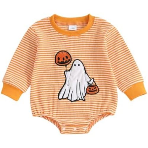 Baby Girls Halloween Romper Long Sleeve Round Neck Letter Pumpkin Print Sweatshirt Romper