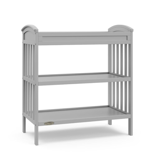 Graco Benton Changing Table with Bonus Water-Resistant Changing Pad (Pebble Gray) - GREENGUARD Gold Certified, Includes Diaper Change Pad with Safety Strap, 2 Open Storage Shelves for Organizing