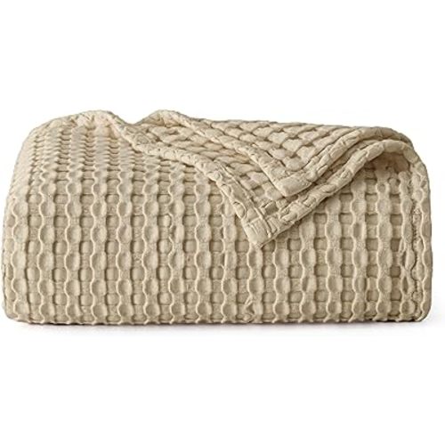 Bedsure Cooling Cotton Waffle Weave Throw Blanket - Lightweight Breathable Blanket of Rayon Derived from Bamboo for Hot Sleepers, Luxury Throws for Bed, Couch and Sofa, Light Brown, 50x70 Inches