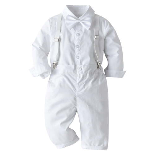 FYMNSI Baby Boy Baptism Christening Outfit Toddler Kid Formal Gentleman Tuxedo Suit Long Sleeve Bowtie Dress Shirt Suspenders Pants First Birthday Wedding Party Ring Bearer Clothes 6-12 Months White