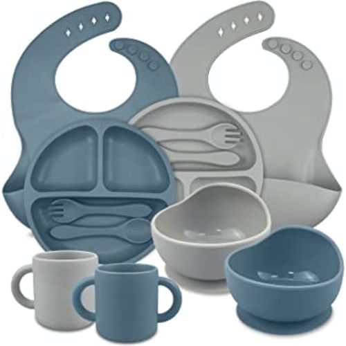 TQONEP Baby Led Weaning Supplies,Baby Feeding Supplies,Toddler Cups,Suction Plates & Bowls,Toddler Utensils Bibs for Baby,Silicone Baby Feeding Set,BPA Free（Blue & Gray 12 PACK）