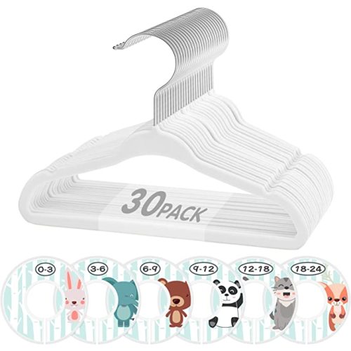 Kids Velvet Hangers, VIS'V 11 Inch White Non-Slip Baby Clothes Hangers with 6 Pcs Cute Clothing Dividers for Infant Toddler Boys & Girls Closet Organizer - 30 Pack