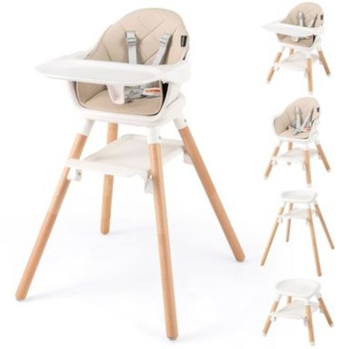 6 in 1 Convertible Wooden Baby High Chair with Removable Double Tray and 5 Point Harness