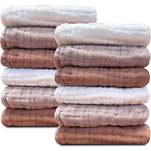 Sunny zzzZZ Baby Muslin Washcloths -100% Cotton Muslin Soft Baby Bath Wash Cloths and Absorbent Burp Cloths for Newborns Kids Girls and Boys -12 Pack, 12x12 Inches - White+Light Bean Paste Series