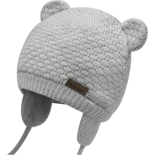 Baby Winter Hat, Bear Knit Earflaps Cotton Lined for Toddler Kids | Windproof bear earflap; double layer cotton lined knit; unisex infant hat, 3 sizes 0-18m for autumn winter daily wear