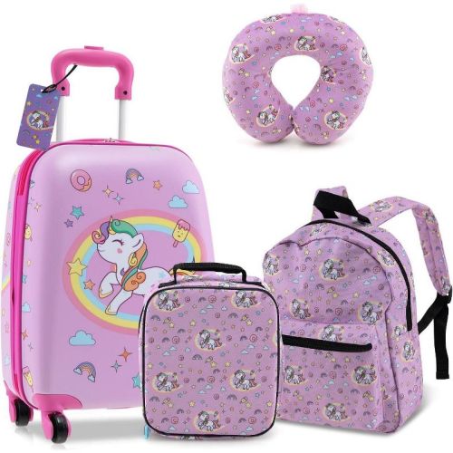 Gymax 5PC Children's Travel Set Including Rolling Suitcase Backpack Neck Pillow Luggage Tag and Lunch Tote Pink