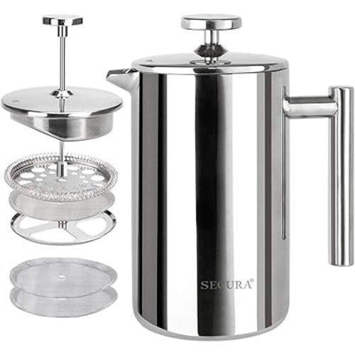 Secura French Press Coffee Maker, 304 Grade Stainless Steel Insulated Coffee Press with 2 Extra Screens, 12oz (0.35 Litre), Silver