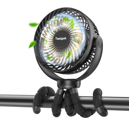 Tasigok Portable Stroller Fan, 4000mAh Battery Operated Mini Baby Fan with Light, 26H 3 Speeds Rechargeable Small Personal Fan, 360° Rotate Handheld Desk Cooling Fan for Car Seat Crib Treadmill Travel