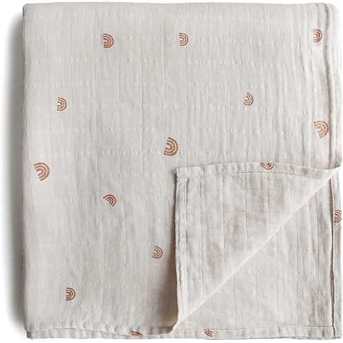 mushie Muslin Baby Swaddle Blanket | 100% Organic Cotton (Rainbows)