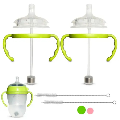 Straw Cup Conversion Kit for Comotomo Baby Bottles 2-Count, Food Grade Silicone Straw Nipples, All Silicone Weighted Straw, Bottle Handles and Cleaning Brush, BPA Free, 6+ Months (Straw Top, Green)