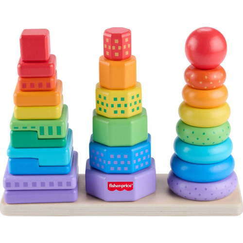 Fisher-Price Wooden Stacking Shape Sorter Toddler Fine Motor Toy, 26 Wood pieces, Ages 18 -24 Months