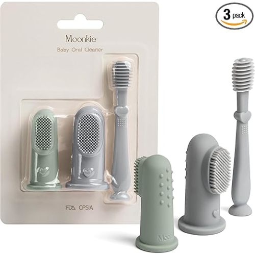 Moonkie Baby Finger Toothbrush Tongue Oral Cleaner Kit for 3 Months +, 3 Pcs (Blue/Mint/Blue)