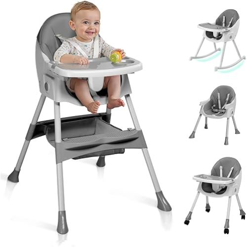 Ktaxon Baby High Chair, 6-in-1 Portable Feeding Rocking Seat with Adjustable Backrest, Removable Tray and 5-Point Safety Harness, Travel Folding Highchair for Toddlers & Babies, Grey