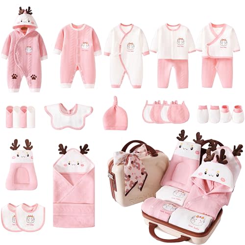 amusediy Newborn Clothing & Accessory Set,26 Piece Crib Set,For New Born to 3 Months,Boy Outfits,Baby Girl Gifts Clothes Essentials（for Warm Pink,Suitcase Model