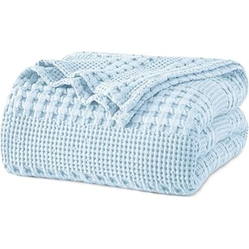 PHF 100% Cotton Waffle Weave Blanket Twin Size for Bed, Soft Lightweight & Breathable, All-Season Comfort, Luxury Aesthetic Woven Bedding for Home Decor, 66"x90", Baby Blue