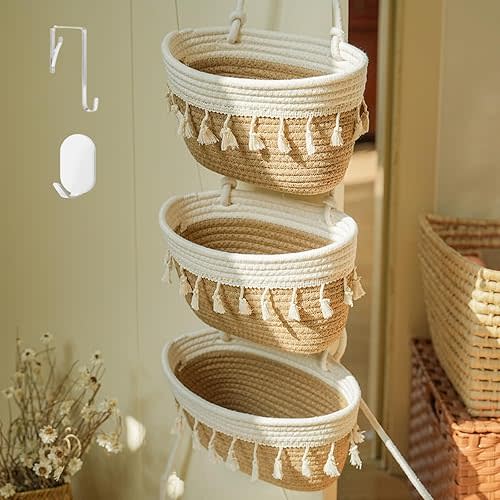 Hanging Baskets for Organizing,3-Tier Woven Cotton Wall-Mounted Storage Organizer Bag Decorative,Kitchen,Living Room,Bedroom,Nursery