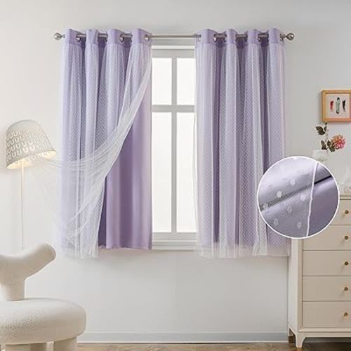 MYSKY HOME Cute Lilac Curtains for Girls Bedroom & Nursery Kids Blackout Short Curtains for Small Windows 54 Inch Long Double Layer with Polka Dots Sheer, Grommet Tops, 52" Wide, 2 Panels