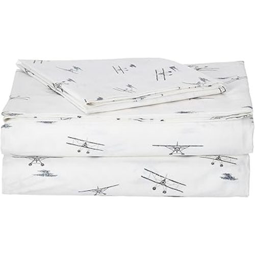 Eddie Bauer - Twin Size Sheet Set, 100% Cotton Percale Bedding, Crisp & Breathable Bed Sheets with Pillowcase, Fully Elastic Fitted Sheet, Deep Pocket Fit (Sea Planes)