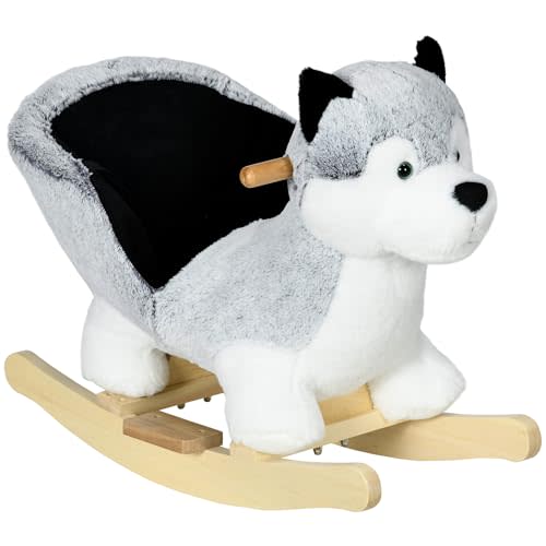 Qaba Wooden Rocking Horse, Husky Themed Rocking Animal for Baby, Animal Rocker Ride-On Toy for Kids 18+ Months with Realistic Sounds, Seat Belt, Gray