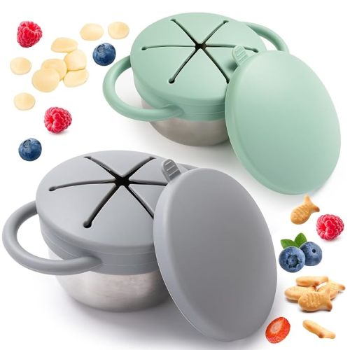 Bufilea 2 Pack Snack Containers for Toddlers, Stainless Steel Toddler Snack Cups with Silicone Food Catcher & Lids,Snack Cups for toddlers Spill Proof