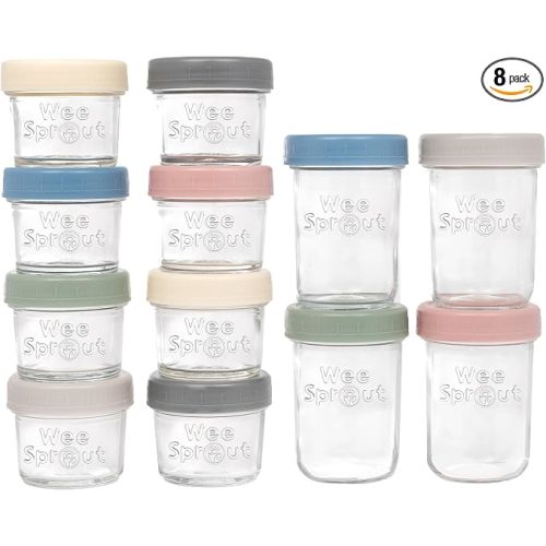 WeeSprout Glass Baby Food Storage Jars w/ Lids (4/8 oz, 12 Pack Set) Snack, Reusable Small Containers, Breast Milk, Fridge, Freezer, Microwave & Dishwasher Safe, Essential Must Have for Infants