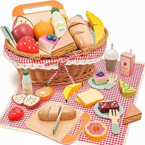 HAPGFS Wooden Picnic Basket Toy Set with Realistic Play Food - Kids Pretend Play Kitchen Accessories for Toddlers 3-8, Wood Play Food for Imaginative Tea Party & Outdoor Fun