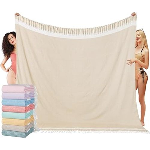 Oversized Turkish Beach Towel Blanket XXL Cotton Sandproof Towels Boho Woven Extra Large Big Sand Free Giant Throw Blankets Huge Quilt XL Picnic Camping Necessities Cloud For Adult Gifts Beige
