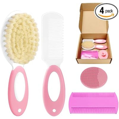 Baby Hair Brush and Comb Set, 4Pcs Baby Soft Bristles Brush Cradle Cap Brush Hair Comb for Newborns Toddlers Boys Girls (Pink)