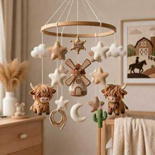 Highland Cow Baby Mobile, Western Crib Mobile, Cowboy Cowgirl Nursery Decor, Farmhouse Felt Mobile, Rustic Baby Shower Gift