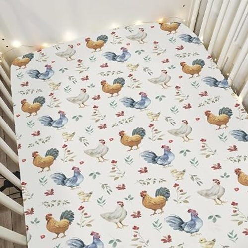 Watercolor Chicken Floral Baby Crib Sheets for Boy Girl 28"x52" Patriotic Rooster Hen Flowers Soft Stretchy Fitted Crib Mattress Cover Spring Farm Animal Baby Sheet for Crib & Toddler Bed Mattresses