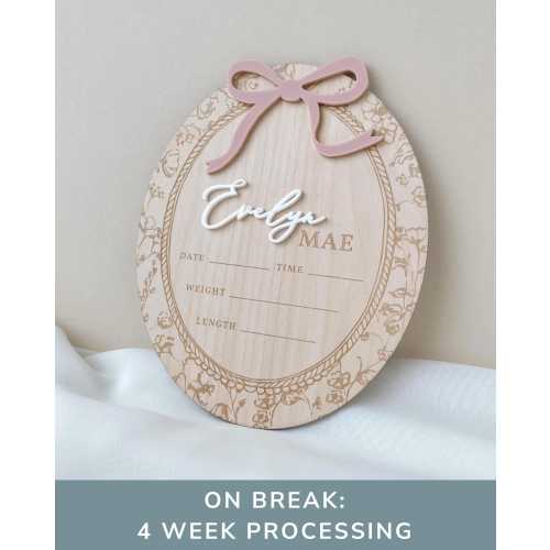 Girl Birth Name Sign Bow Hospital Announcement for Baby Girl Floral Birth Announcement Vintage Style Name Sign Announcement Plaque with Bow