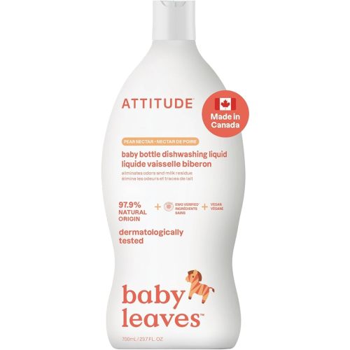 ATTITUDE Baby Dish Soap and Bottle Cleaner, Made in Canada, EWG Verified Dishwashing Liquid, No Added Dyes or Fragrances, Tough on Milk Residue and Grease, Vegan, Pear Nectar, 700 mL