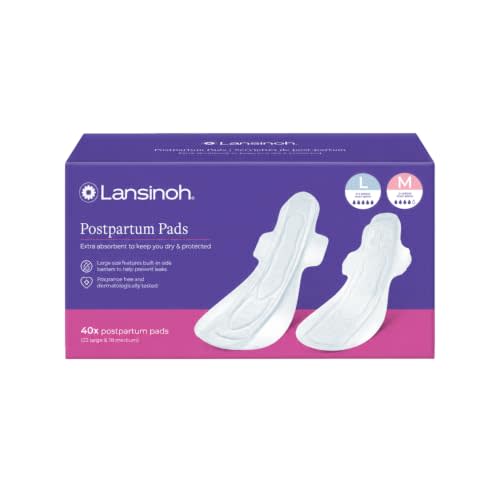 Lansinoh Postpartum Maxi Pads Bundle, 40 Count | Heavy Absorbency Overnight Pads with Wings, Includes 2 Sizes for Extra Protection, Postpartum Essentials