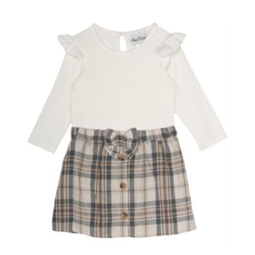Baby Girl Rib Knit Body Suit with Skirt Plaid Skirt, 2-Piece Set