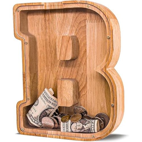 Wooden Letter Piggy Bank for Kids Larger Alphabet Letter Bank for Boys Initial Coin Bank Personalized Piggy Bank Wood Money Save Box for Birthday and Festival-Upgrade 9"" B Piggy Bank