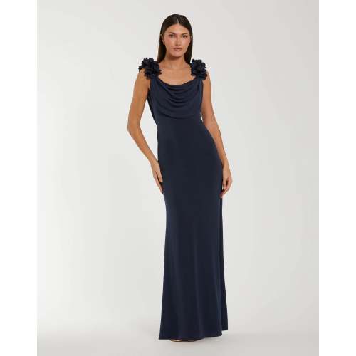 Navy Cowl Neck Jersey Gown With 3D Flower Straps